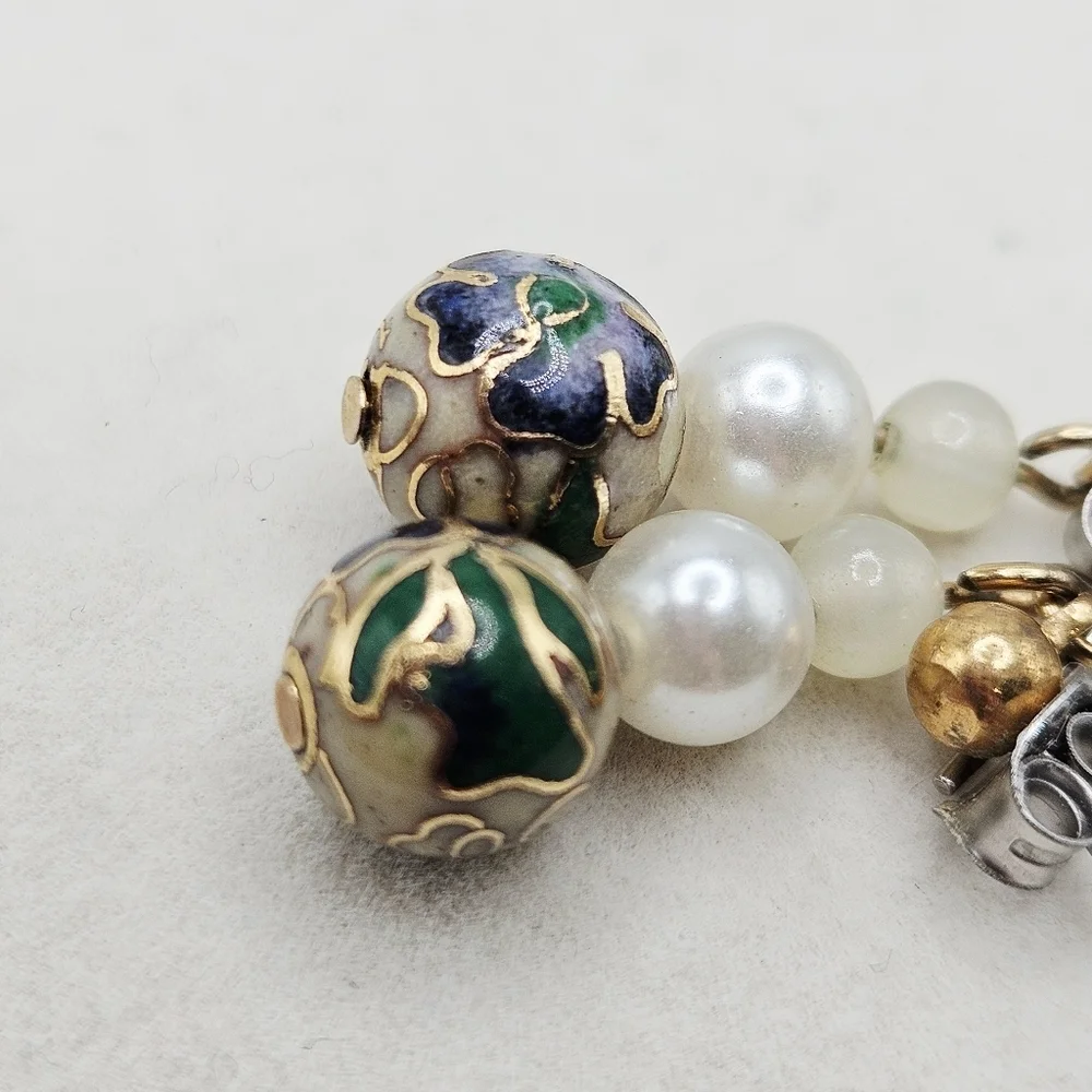 VINTAGE Cloisonne Blue Floral Beaded Dangle Earrings Post - Picture 3 of 4